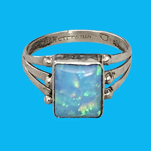 Vtg Native American Sterling Opal Silver Turquoise Split Shank Ring Size 7.75