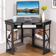 Compact Black Corner Desk with Keyboard Tray  Storage Shelves for Home Office