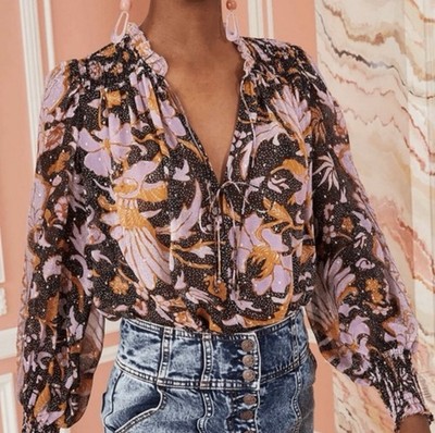 OPT Anthoropologie Fall Floral Chiffon Blouse Boho Whimsical Shimmer Sheer