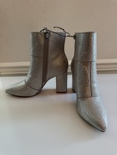 Women s Rhinestone Silver Solid Ankle Bootie Pointed Toe Block Heel Side Zip