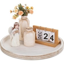 Large Round Decorative Tray 45cm White Coffee Table Beaded Tray Circle Rustic