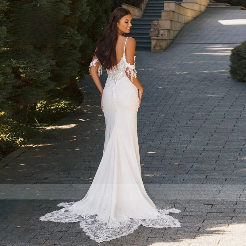 Mermaid Satin Wedding Dress Sexy Sweetheart Spaghetti Strap Applique Bride Gown - Image 2 of 4