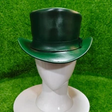 Green Leather Top Hat – Classic Steampunk Style – Handmade – Size XS to 4XL