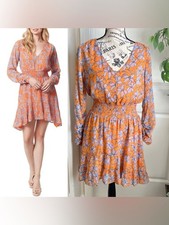 Jessica Simpson Mini Amazon Floral Alyssa Smocked Long Sleeve Dress Orange Sz M