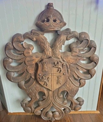 Vintage 30''x 38'' Large Carved Wooden Double Eagle Wall Plaque Coat of Arms Crest