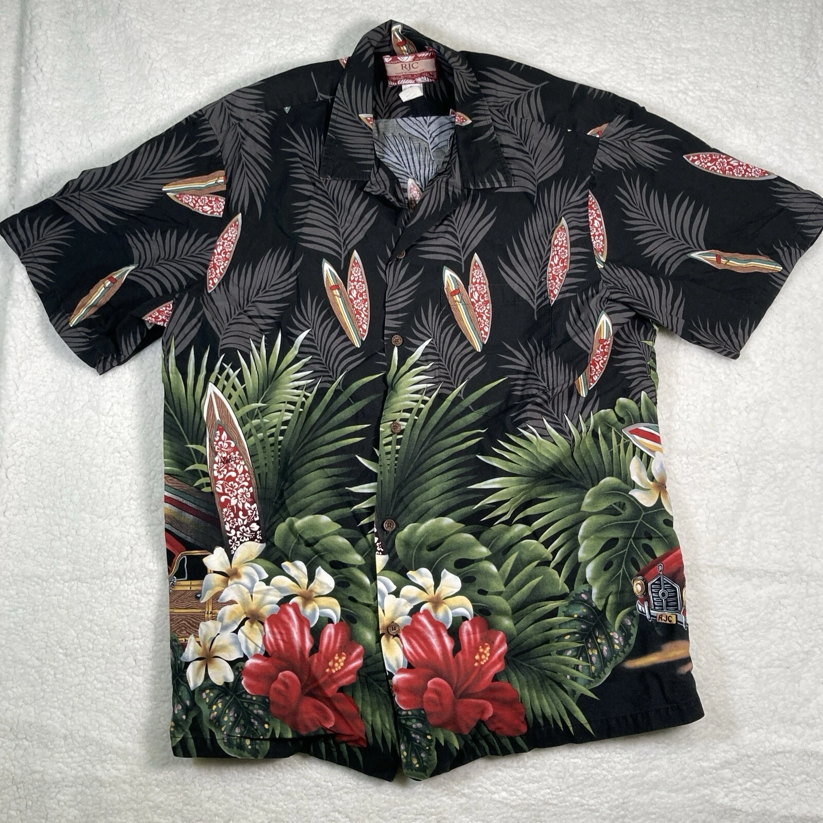 RJC Mens Hawaiian Shirt, Surfboard, Cars, Tropical Floral, Sz 2X, Made in Hawaii