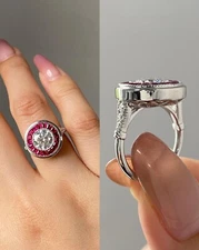 6MM Round Cut Moissanite With Ruby Halo Milgrain Setting Ring In 10k White Gold