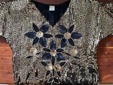 vintage gold glam woman blouse made with sequins and floral trim