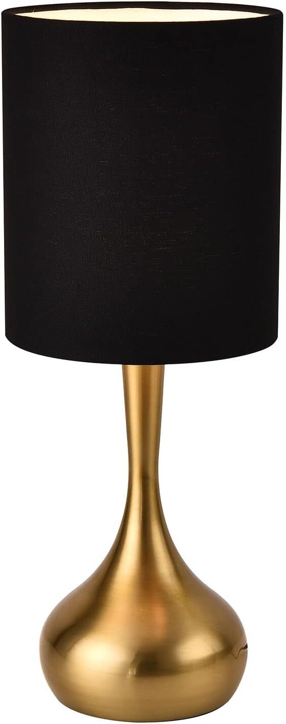 Sleek 17.3” Modern Table Lamp with Brass Droplet Base and Black Shade, Ideal for Desks