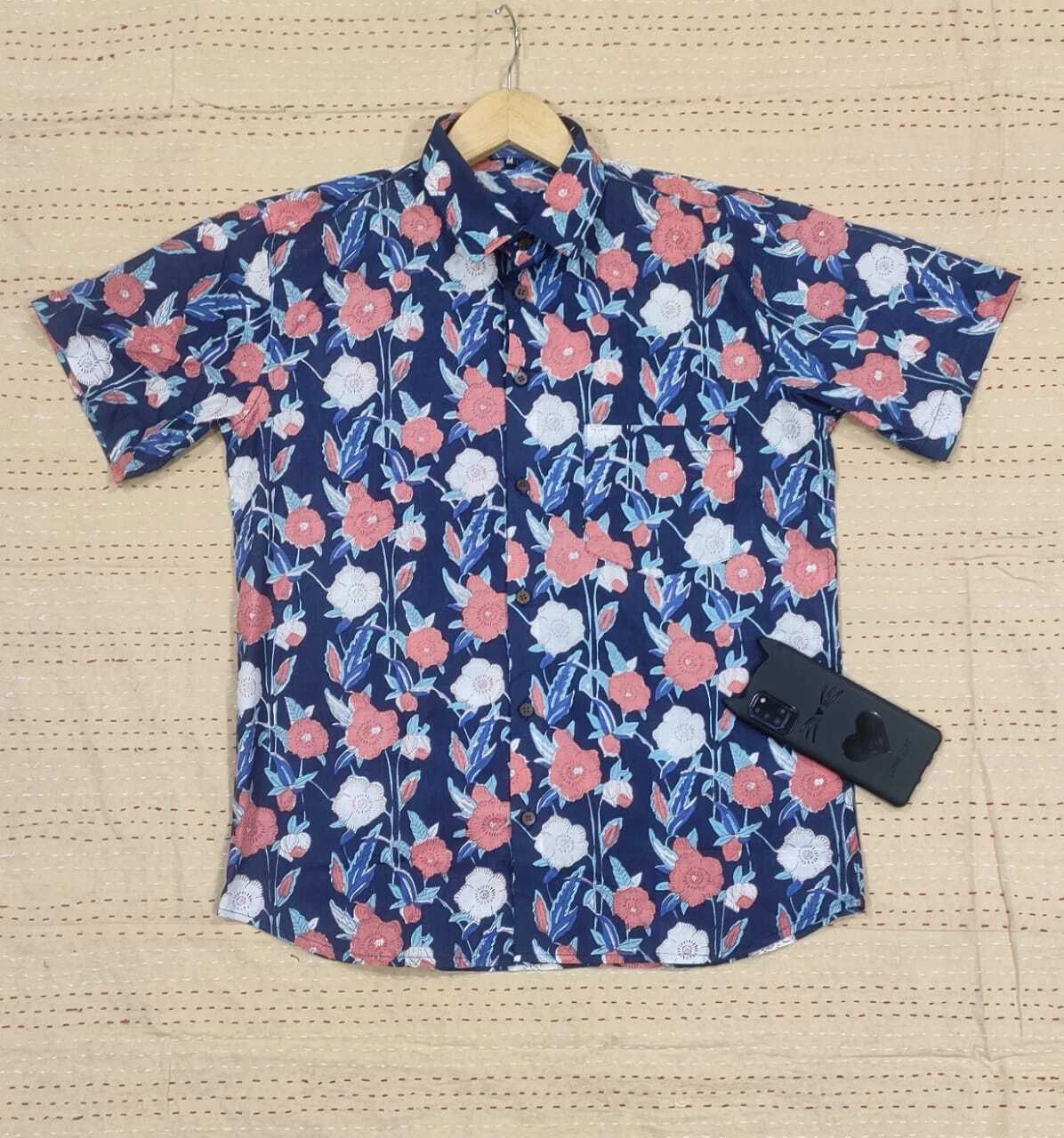 Blue Floral Print Cotton Indian Men's Shirt Handmade Boy Partywear Shirt M Size
