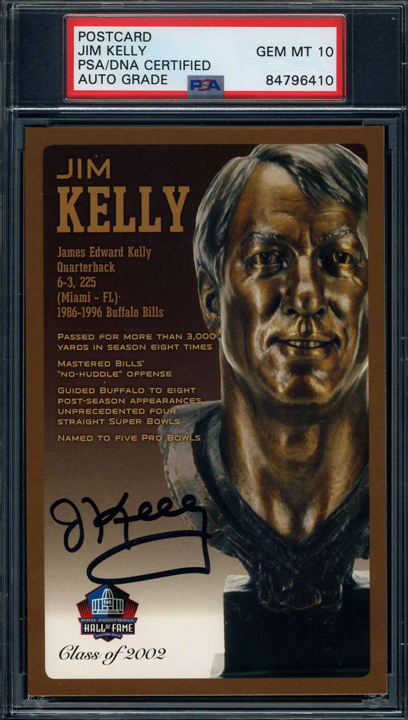 Jim Kelly Gem Mint 10 PSA DNA Signed HOF Bronze Bust Postcard Autograph
