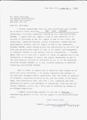 1965 contract signed by DENNIS LYNDS with Brett Halliday for a MIKE SHAYNE story