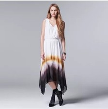 New SIMPLY VERA White Ombre Watercolor Dress V Neck S