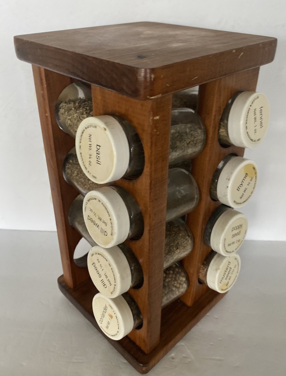 Spice Rack Lazy Susan Wood 16 Count Spinning 15 of 16 Spice Bottles Vintage