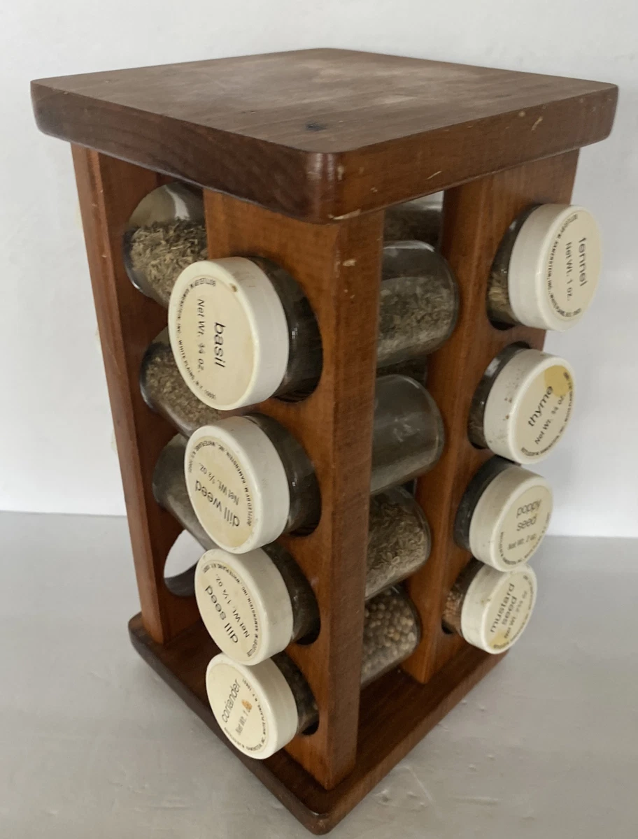 Wood Spice Rack 16 Count Lazy Susan Spinning 15 of 16 Spice Bottles Vintage