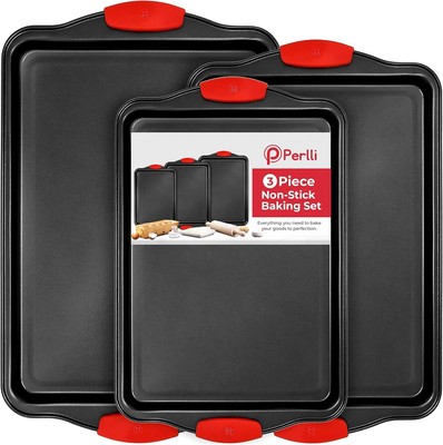 Non-Stick 3-Piece Bakeware Set with Silicone Handles, Oven Safe to 446°F