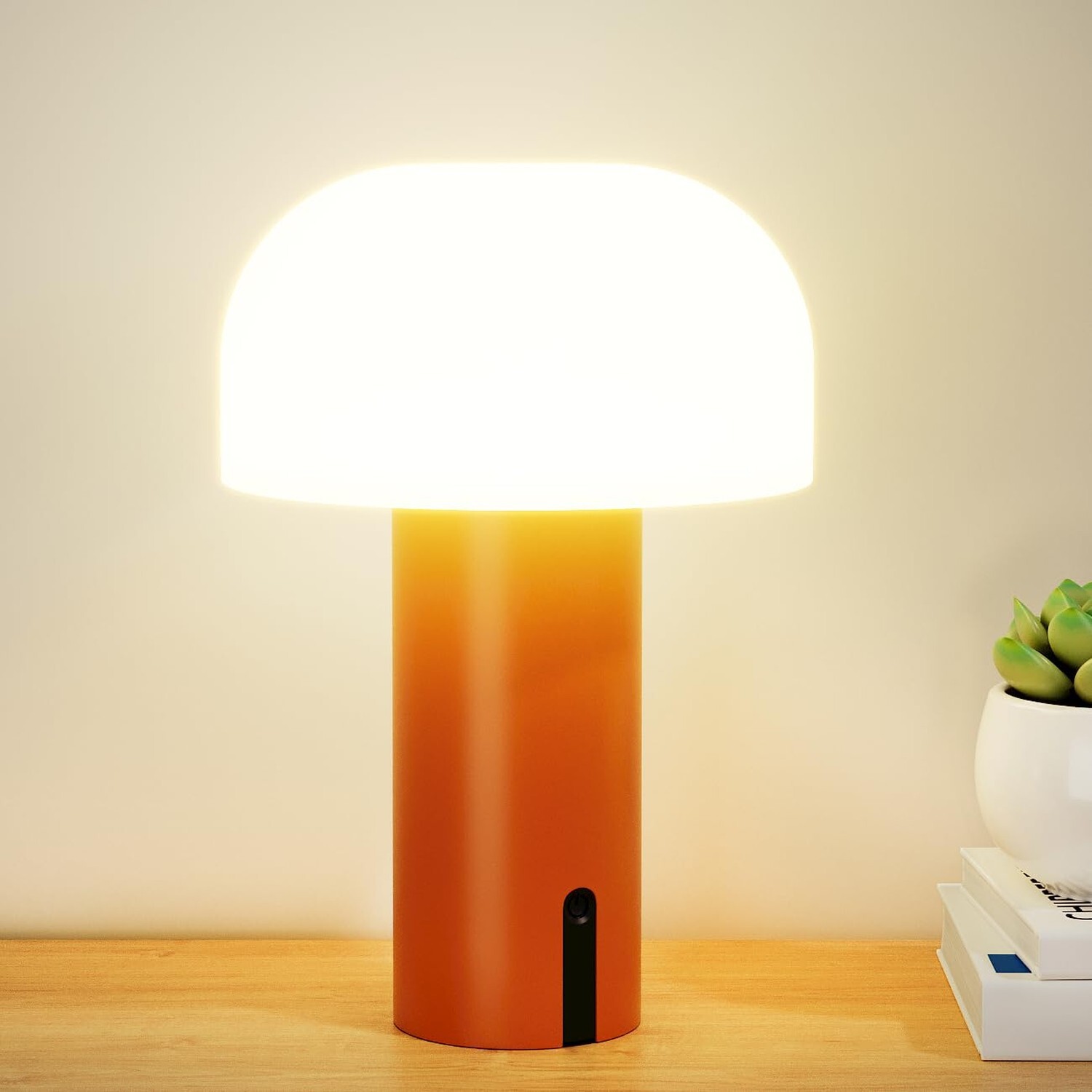 Rechargeable Orange Mushroom Lamp, Cordless LED Table Lamp 4000mAh Battery Op...