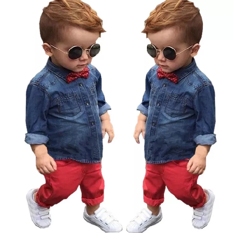 2PCS Toddler Kids Baby Boys Outfits Denim Shirt Tops +Red Pants Kids Clothes  set