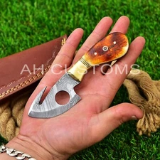 6"HAND FORGED DAMASCUS STEEL HUNTING GUT HOOK KNIFE & BONE HANDLE+SHEATH AH-2316
