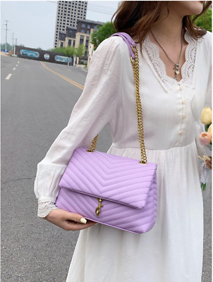 Chevron Detail Flap Chain Square Purple Bag, Unbranded, NEW, Shoulder Bag
