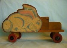 Antique Wooden Toy Truck With Fuzzy Bunny Rabbit Sides & Cargo Area Pull Toy 704