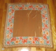 Vintage ECHO Tan Orange Yellow Teal Floral 100 Silk Scarf 26" Japan