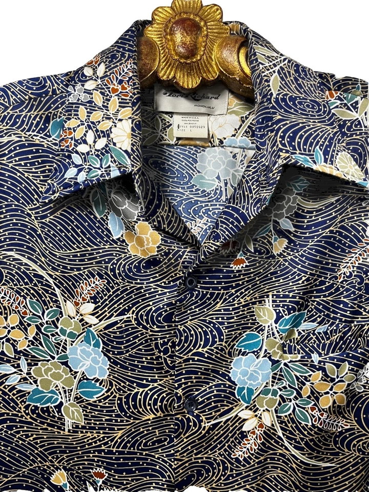 Camisa retro vintage años 70 Tori Richard Honolulu hawaiana poli satinado discoteca tiki L Foto 3 de 4