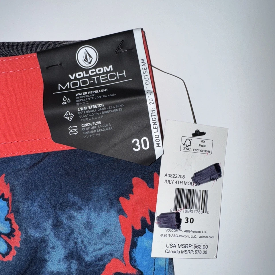 NWT Mens Volcom July 4th Mod-Tech 20 Broadshorts Swim Surf Board Shorts ~ 30 - Image 3 of 4