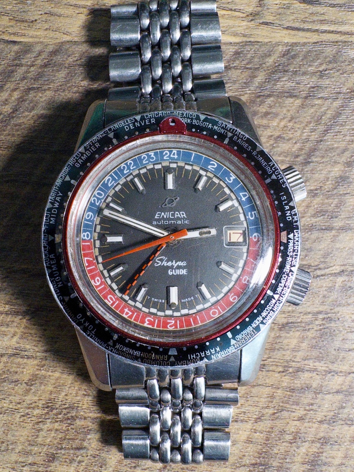Vintage Enicar Sherpa Guide GMT Watch 43mm ref 145-35-01A on Original Bracelet image 2