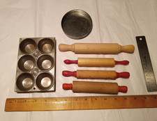 Vintage Toy Lot Children's Kitchen 4 Wood Rolling Pins Steel Muffin Cake Pan