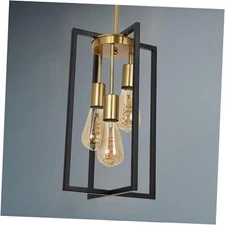 Modern Industrial Farmhouse Pendant Lighting, Rectangle Black & Brass , 3-Light