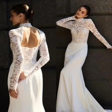 Vintage High Neck Lace Mermaid Wedding Dress Long Sleeve Open Back Boho Elegant