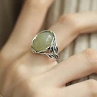 Natural Green Jade Oval Ring 925 Sterling Silver Vintage Leaf Vine Filigree Adju