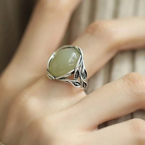 Natural Green Jade Oval Ring 925 Sterling Silver Vintage Leaf Vine Filigree Adju