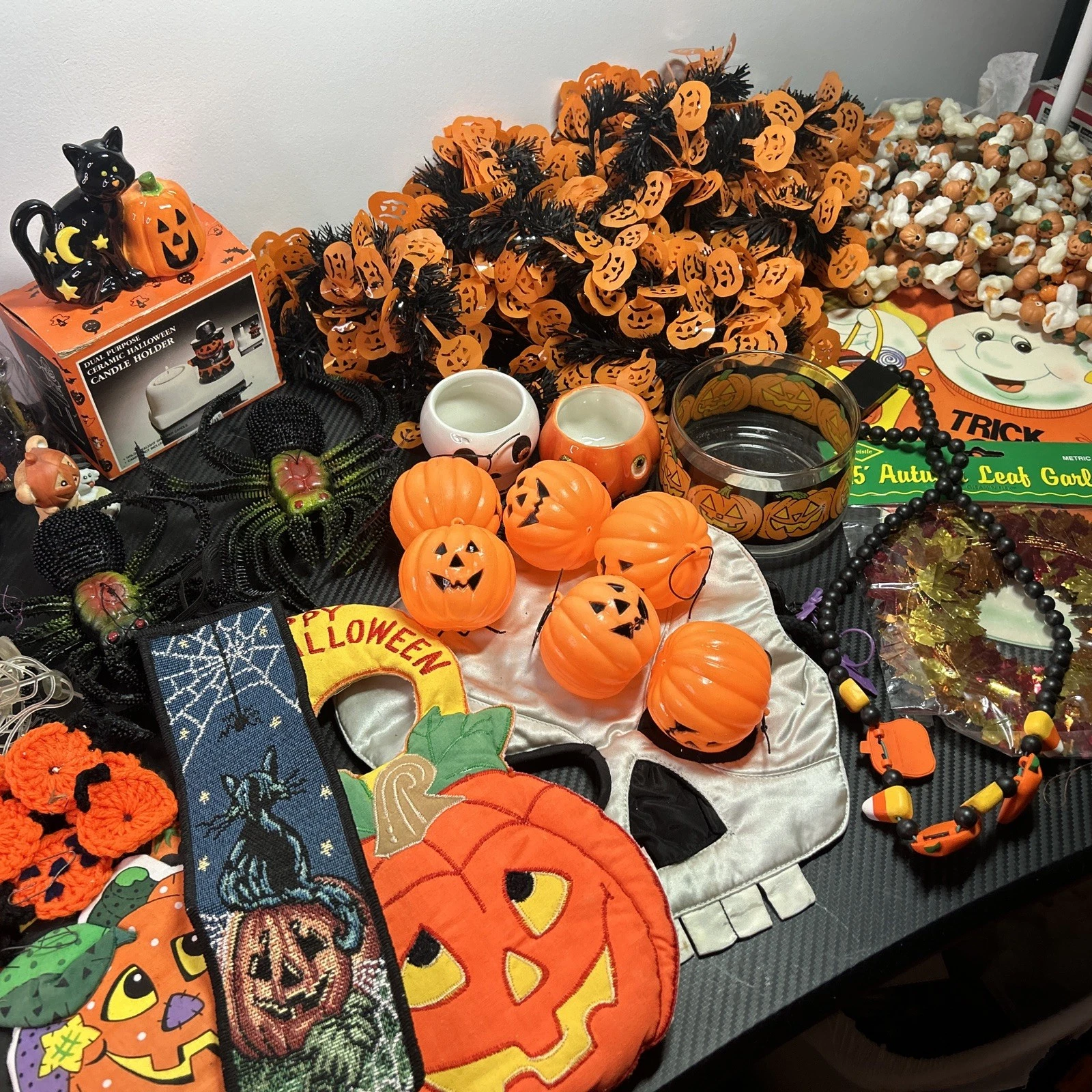 Large Lot of Vintage Halloween Decorations Garland Spiders Candle Holders Mask