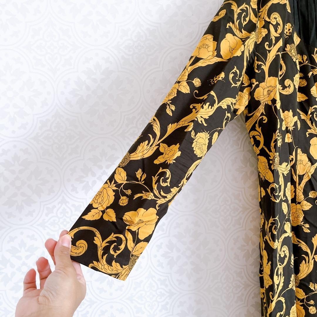 USED VERSACE LONG SLEEVE SHIRT DRESS, FREE SIZE, BLACK & YELLOW, FLORAL PRINT, thumbnail 7