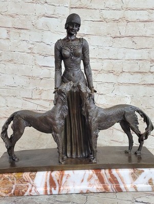Fabulous Bronze Statue Sculpture Girl Woman Lady Dog Figurine Art Deco Artwork