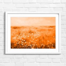 Dreamy White Daisy Field Landscape Orange Framed Wall Art Print Large Picture