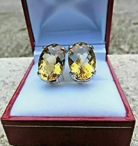 6Ct Oval Citrine Solitaire Women's Omega Back Stud Earrings 14K White Gold Over - Image 3 of 4