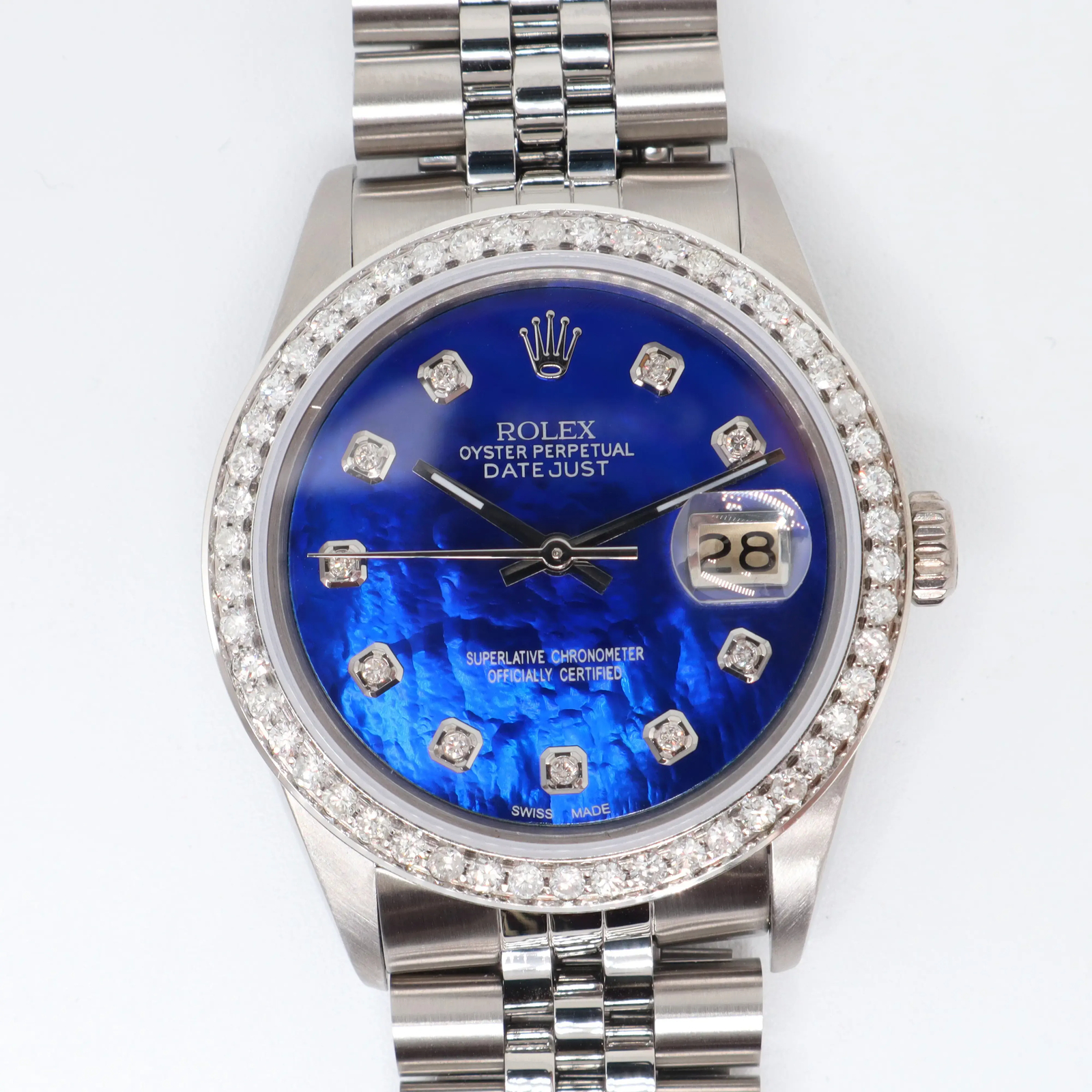 1980s Rolex Datejust 16014 36mm Steel Diamond Blue MOP Dial Watch
