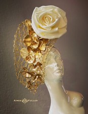 Golden Royal Ascot Hat Fascinator Kentucky Derby Hat Gold Off-White Rose Flower