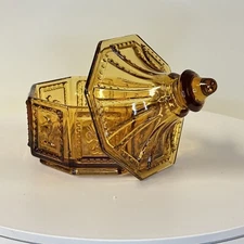 Vintage MCM Imperial Glass Butterpat Octagonal Paneled Amber Covered Candy Dish
