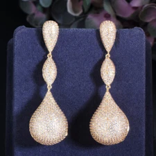 Noble 18k Gold CZ Long Balls Dangle Drop Earring for Wedding Engagement Party