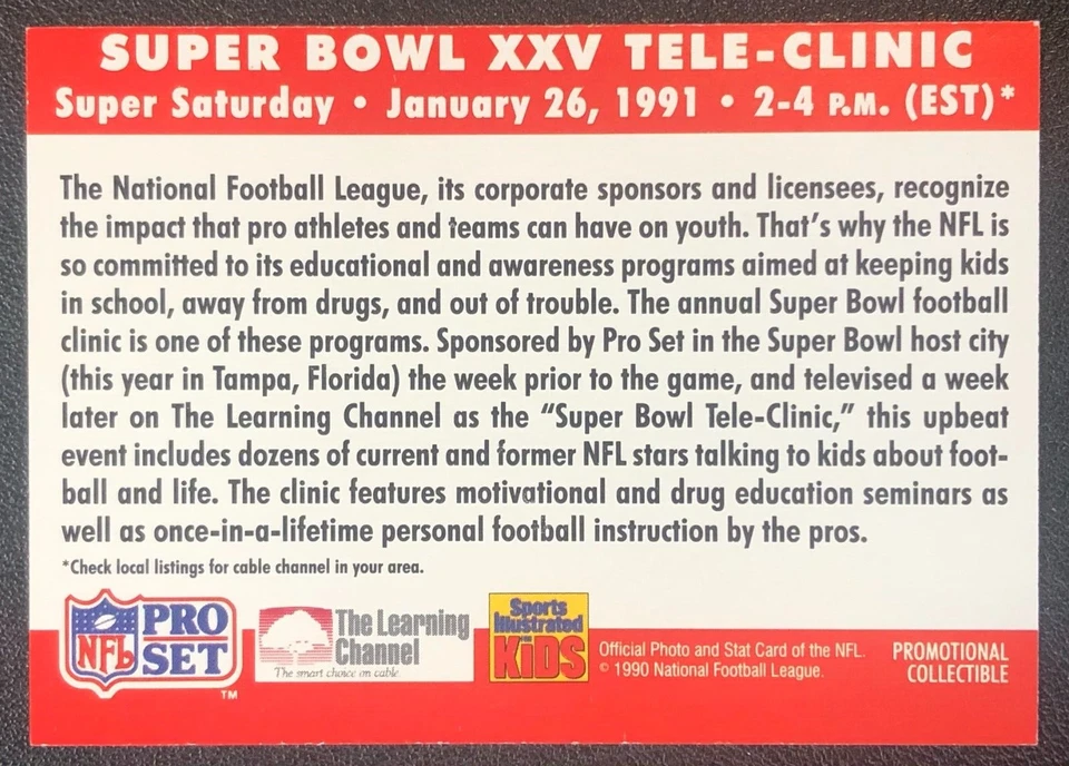 1990 Pro Set Super Bowl Tele-Clinic RARE! Short Print Promotional Football Card - Image 2 of 2