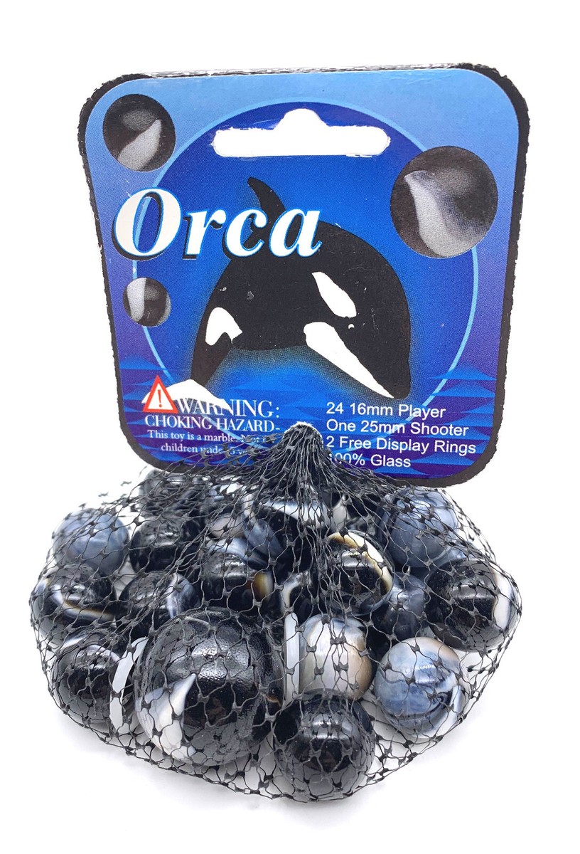 Net Bag 25 Orca Glass Mega Marbles Black w White Patches 2004