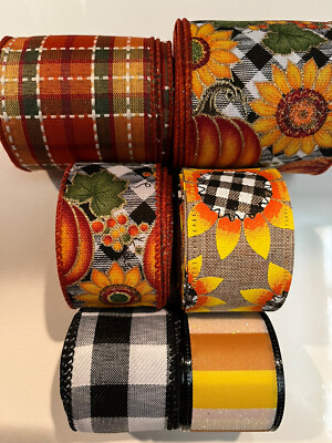 Lot 6 Fall Pumpkin Sunflowers Glitter Wire edge Ribbon 4 Yds Ea 1.5  & 2.5  New