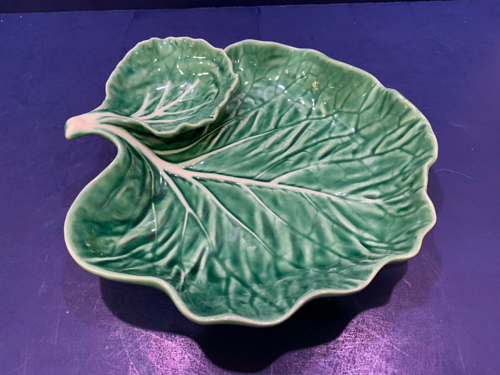 Vintage Bordallo Pinheiro Green Chip & Dip Serving Dish Portugal