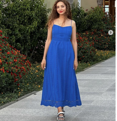 blue skin tight dress Blue Cotton Embroidered Midi Dress – self-portrait-US