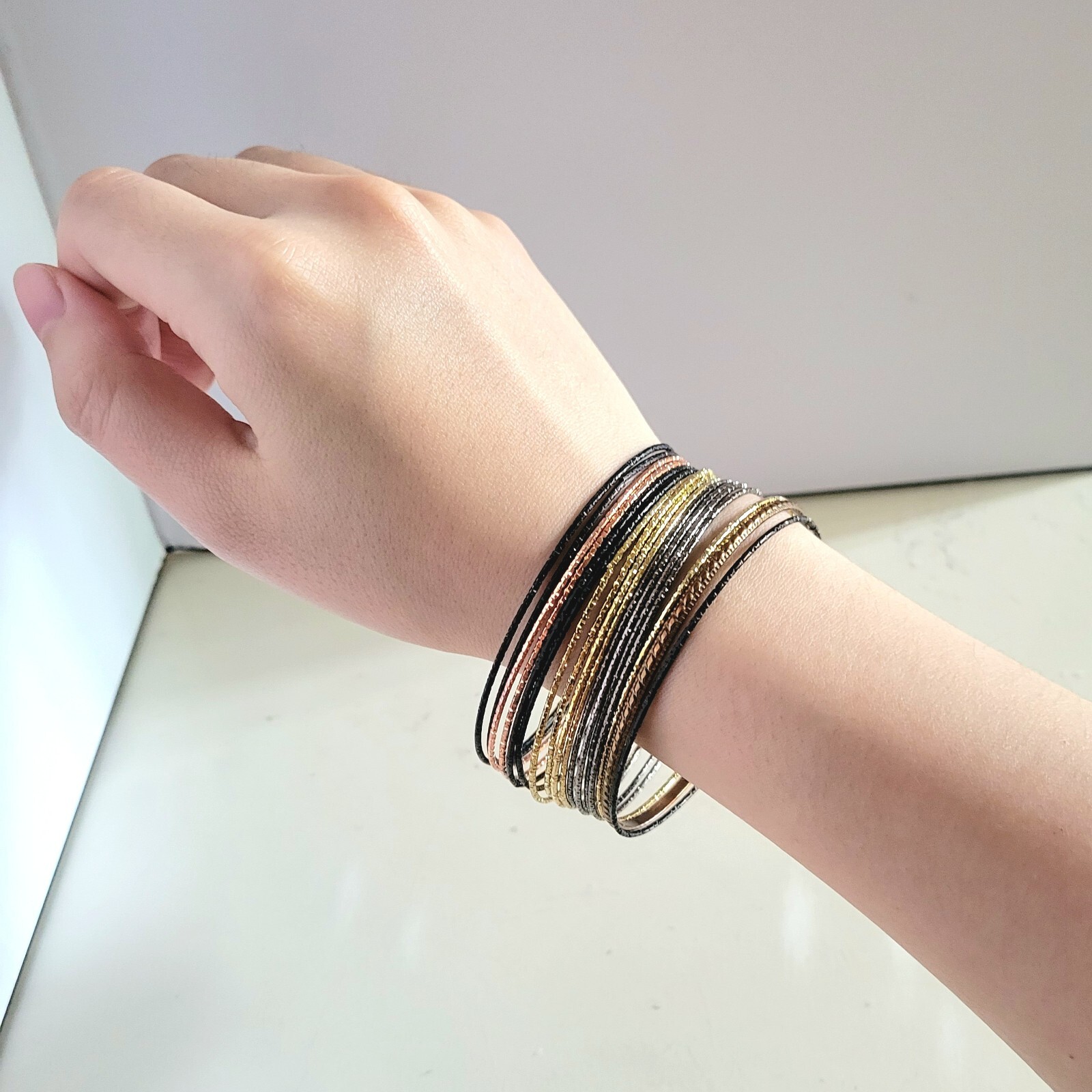 Thin Metallic Bangle Bracelet Stack Set Gold Rose… - image 5