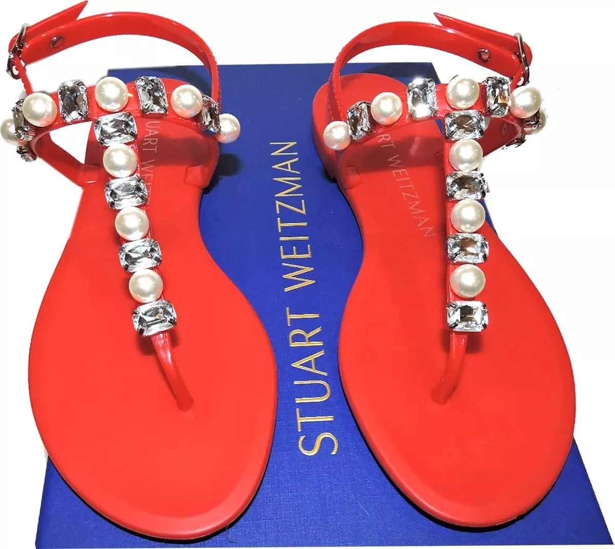 Stuart Weitzman Sandals Goldie Crystal Pearly Studded Jelly Red